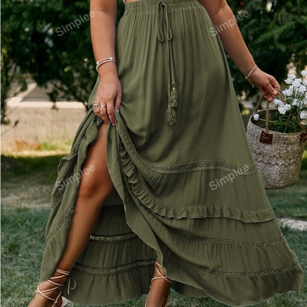Boho Olive Green Maxi Skirt